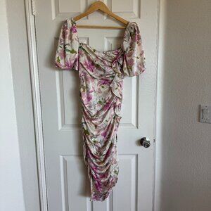 Astr the Label Emma Floral Puff Sleeve Ruched Midi Dress Size M